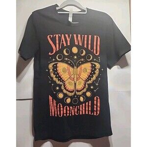 Stay Wild Moonchild T-Shirt Bella Canvas Size S Black Butterfly Moon Phases Boho